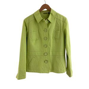 Chico's Size 2 = Large/12 Lime Green Lined Button Jacket Blazer Coat Faux Pocket